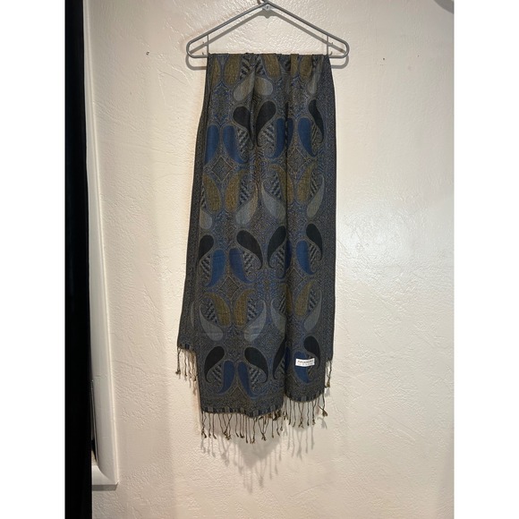 Pashmina Paisley Shawl Scarf Blue Gold Black Fringe Tassel Wrap Bohemian - Picture 3 of 4